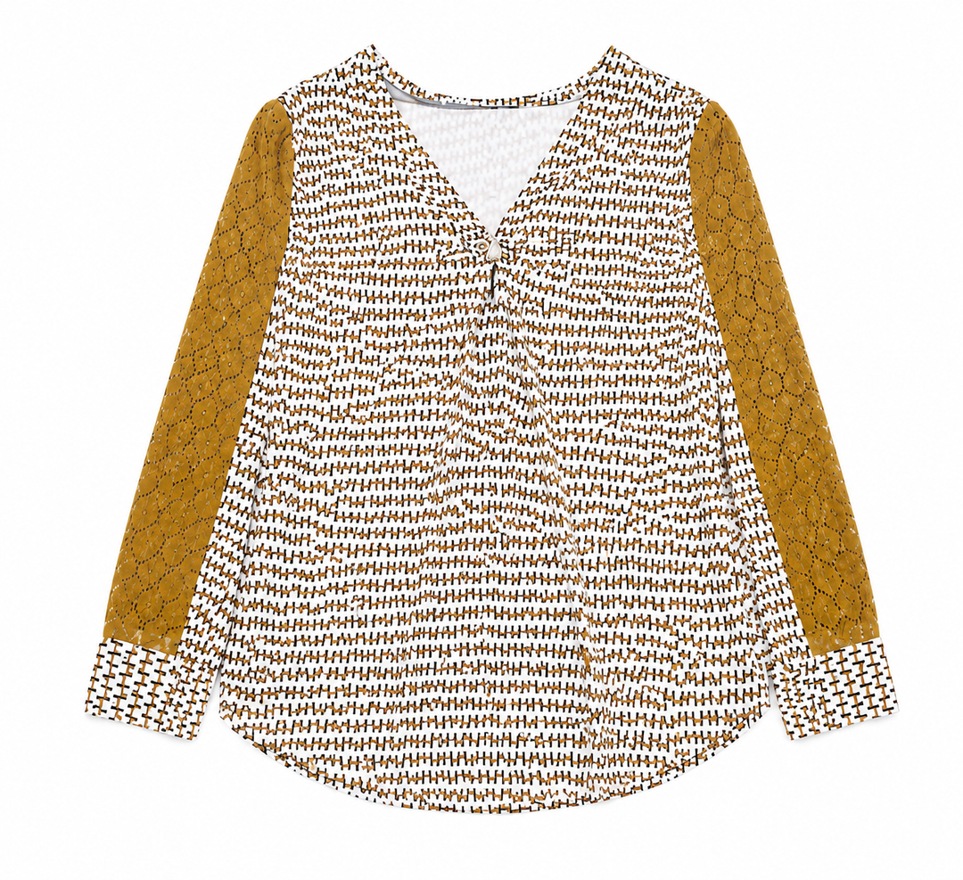 Women’s Brown and White Patterned Long Sleeve Blouse with Mustard Lace Sleeves, V-Neck Casual Tunic Top, Size XL
