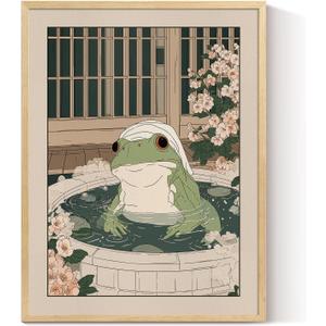 InSimSea Framed Canvas Wall Art Prints, Vintage Bathroom Wall Decor, Japanese Frog in a Bathtub Paintings Wall Art, Classic Retro Rustic Beige Farmhouse Restroom Small Shelf Decor, 12x16inch (Hot Spring Frog)