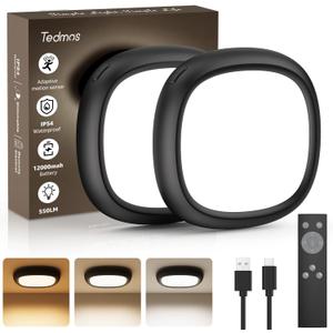 2 Pack Motion Sensor Rechargeable Ceiling Light with Remote, 12000mAh Wireless Shower Lights for Inside Shower, Battery Operated Closet Light Sensored Indoor LED Overhead Lighting No Wiring for Garage (Black)