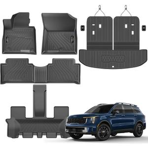 Floor Mats Custom Fit for Kia Sorento 2021-2025 2026 6&7 Seats (Not for Hybrid) Trunk Mat with Backrest Mat All Weather TPE Rubber Cargo Liner Back Seat Protector Full Set for Sorento Accessories