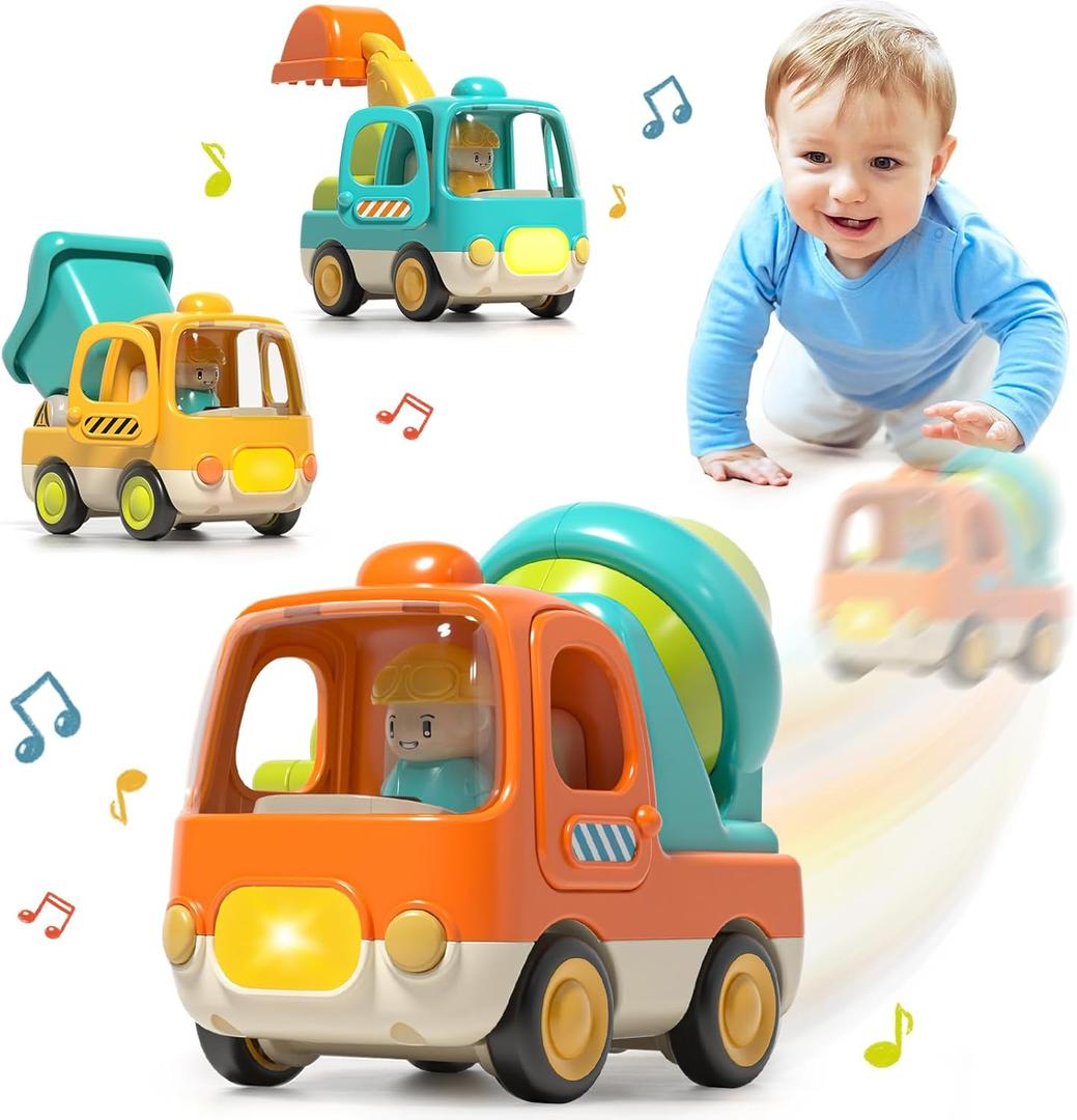 Baby Toys Push Cars for 1 2 3 Year Old Friction Powered Construction 3 Pack Friction Vehicle Set Excavator Dumper Cement Mixer Truck Lights and Musial Toys Birthday Gifts for Toddlers 1-3