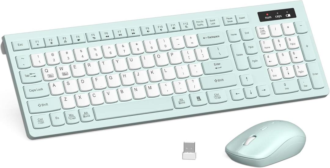 Wireless Keyboard and Mouse Combo, FullSized Wireless Keyboard and Adjustable DPI Mouse, 2.4GHz USB Receiver, Keyboard and Mouse for PC, Windows, Desktop, Laptop (Mint Green and White)