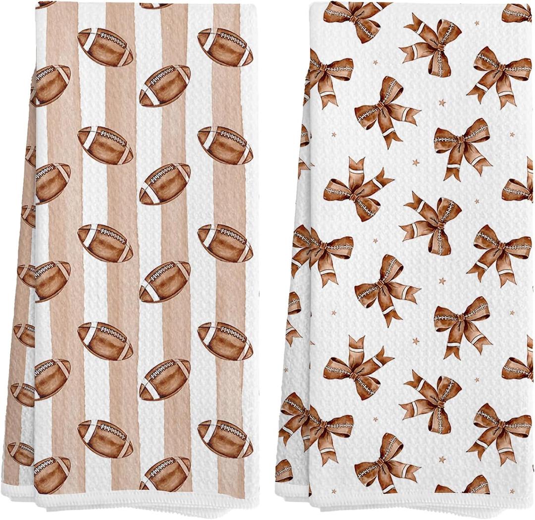 Coquette Brown Football Bow Kitchen Towels 16x24 in Set of 2, Football Gifts for Women Decorative Hand Towels for Bathroom Kitchen, Gifts for Sports Lovers Fan Dish Tea Towel