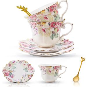 TATSUMI Country Roses Bone China Tea Cup and Saucer Set, 6 Pieces, Vintage Style, For Women and Tea Parties(Pink,2 Set)