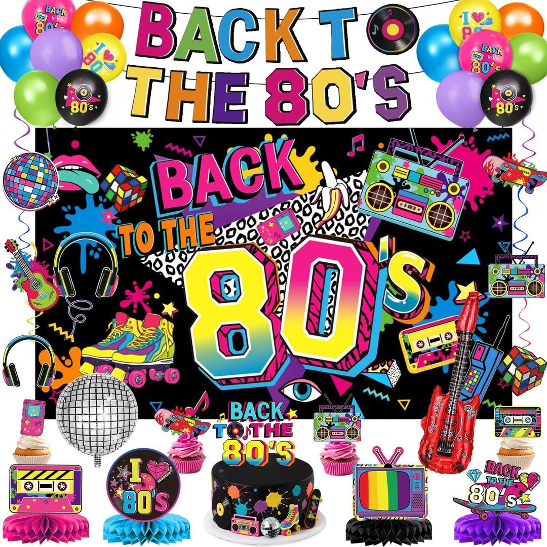 80s Party Decorations Includes Backdrop, Banner, Hanging Swirls, Foil & Latex Balloons, Cake & Cupcake Toppers, Honeycomb Centerpieces for 80s 90s Party Decorations