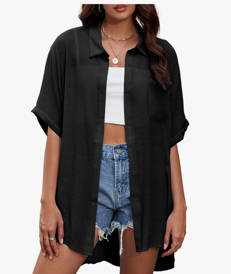 Century Star Womens Button Down Shirt Vacation Outfits Short Sleeve Shirt Dress Oversize Collared Swimsuit Coverup Blouses, One Size