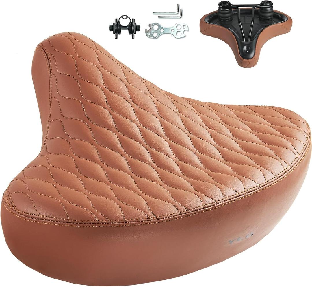 YLG Bicycle Seat Cushion, Wide Brown Bike Seat for Men and Women Comfort, Oversized Bike Saddle Cushion for Cruiser Peloton, Exercise and Electric Bikes