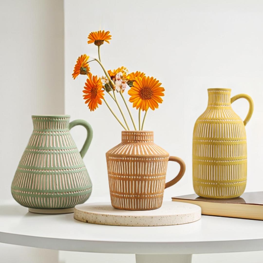 3 x Boho Ceramic Vase Set of 3 for Living Room Bedroom Modern Yellow Brown Green Fake Flower Plant Vases for Home Decor Office Centerpieces Antique Retro Rustic Farmhouse Vintage Classic Gift