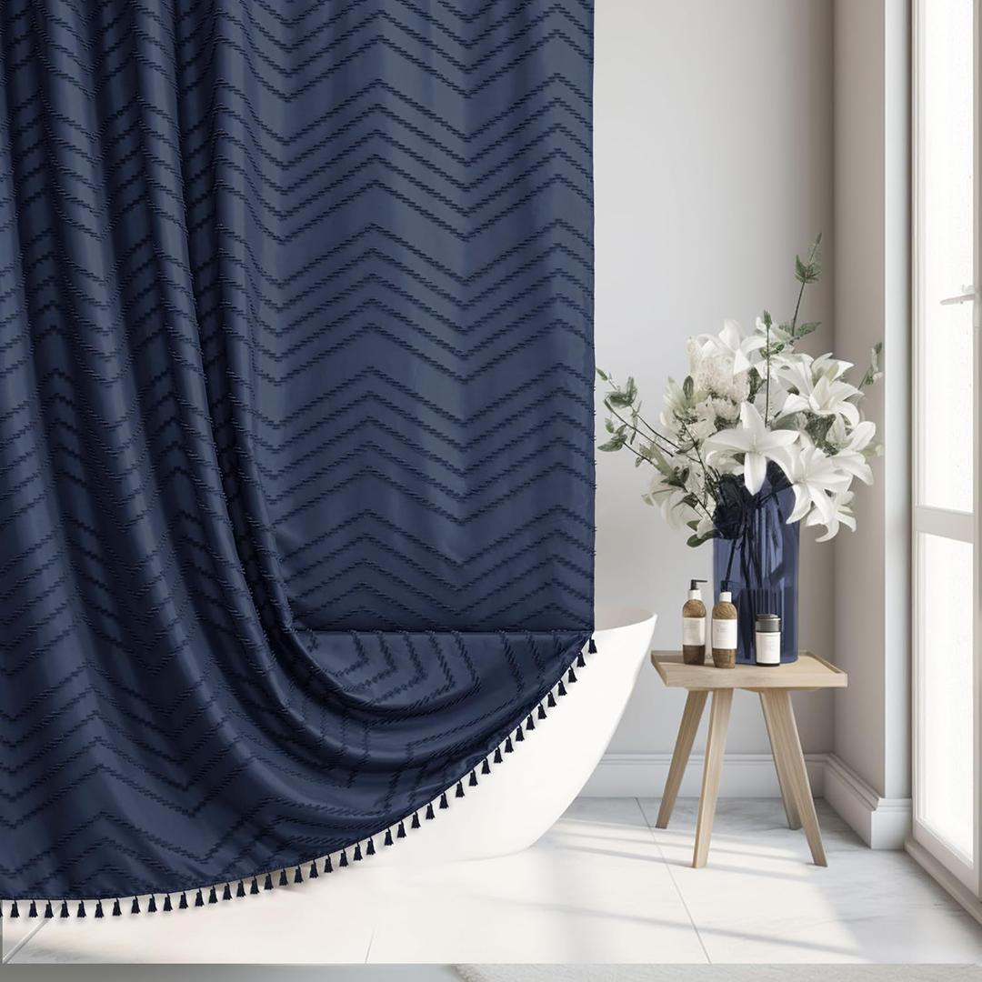 Navy Blue Woven Fabric Cute Shower Curtain, 72 x 72 Tufted Chevron Textured Striped Modern Minimalist Cloth Shower Curtain for Bathroom