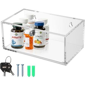 JUXYES Acrylic Clear Refrigerator Medicine Organizer Box with Lid and Lock for Wall and Tabletop - Transparent Medicine Storage Bin - Stackable Fridge Lockable Pill Container for Medical Supplies, S