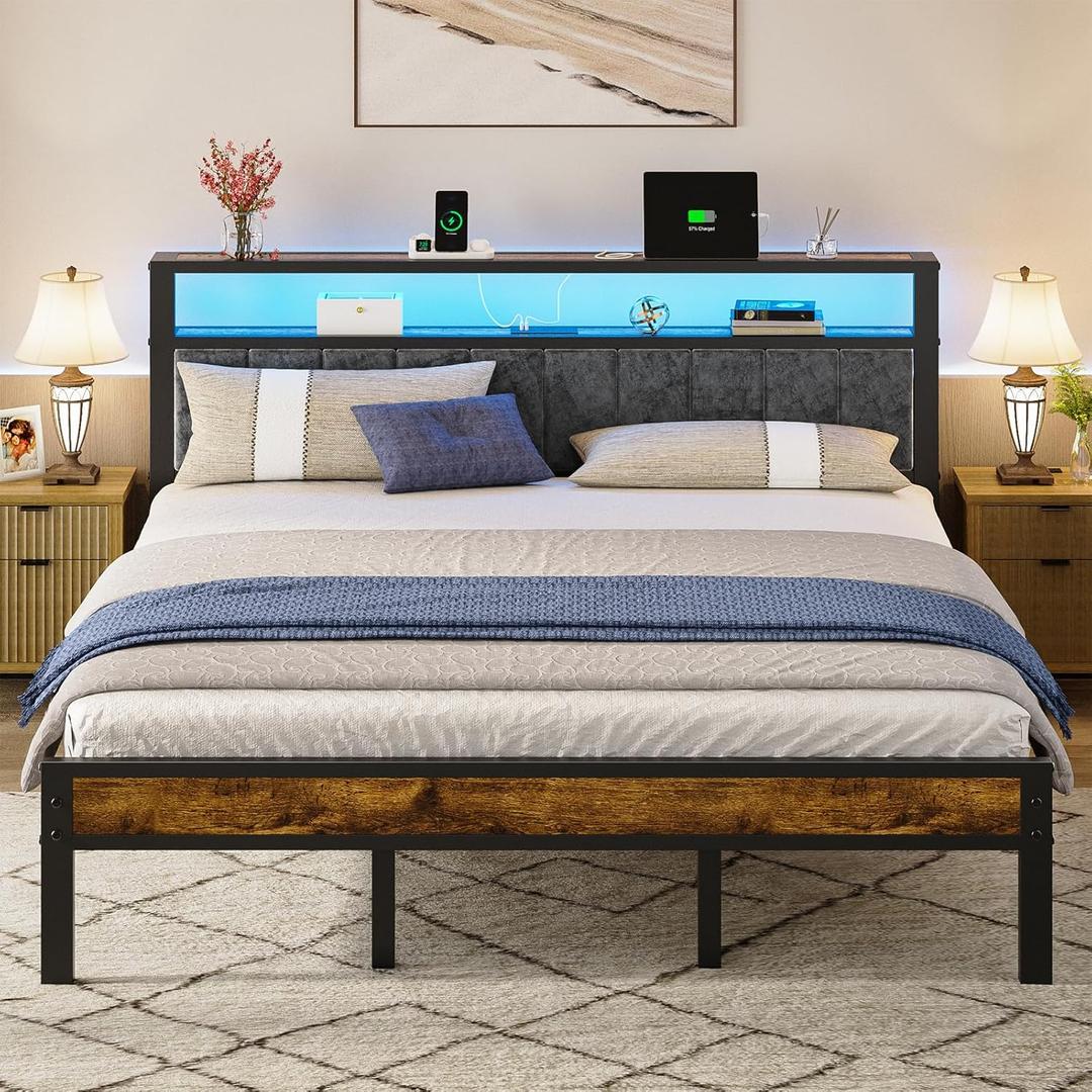 King Size Platform Bed Frame with LED Lights, Grey Upholstered Headboard with 2-Tier Storage Shelves, Charging Station, Noise Free, No Box Spring Needed, Easy Assembly