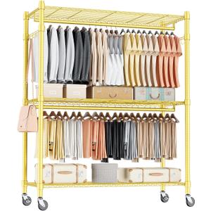 Homdox Gold Heavy Duty Clothes Rack with Wheels, 3-Tier Rolling Metal Garment Organizer with Double Hanging Rods & Hooks, Freestanding Portable Closet, 17.72" D x 47.24" W x 80.71" H