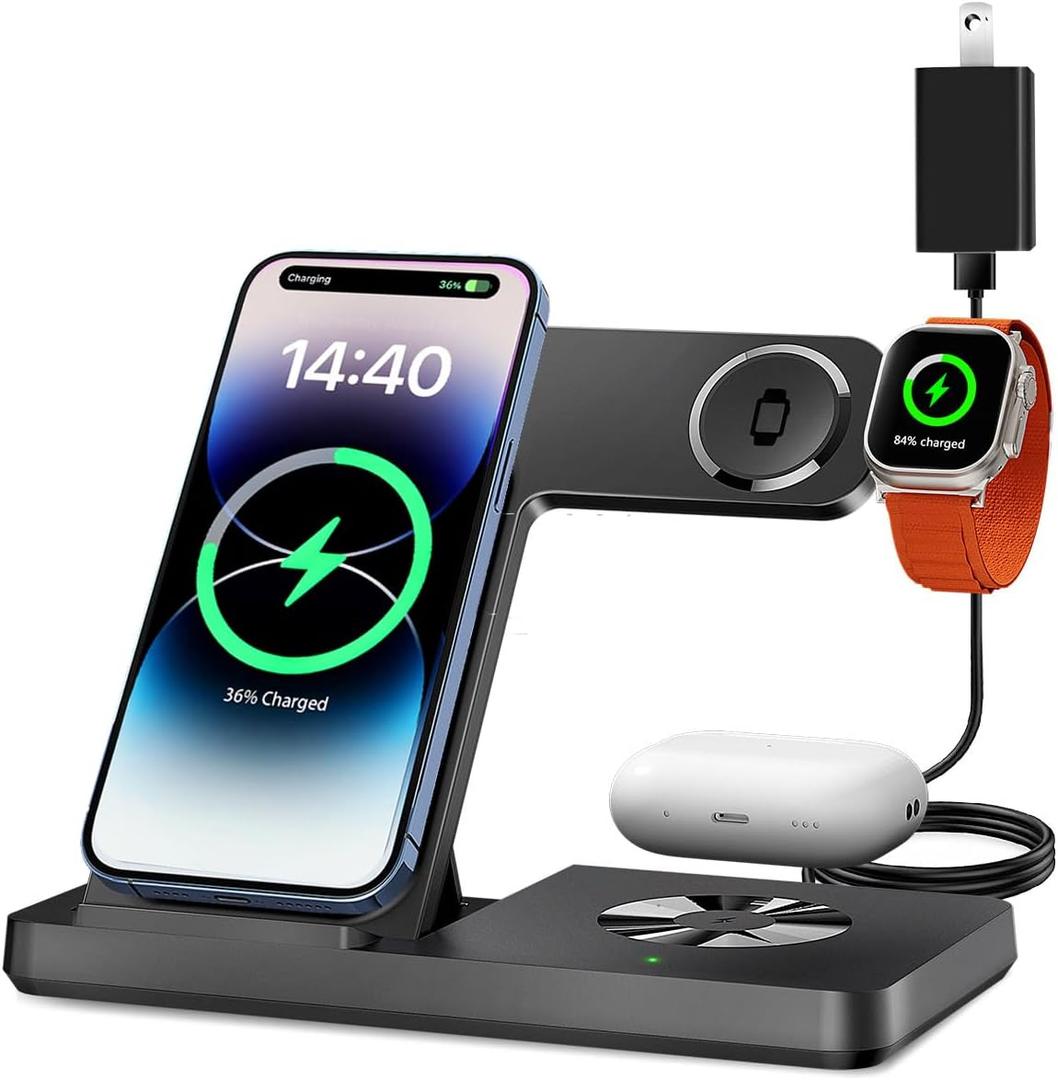 3 in 1 Charging Station for Multi Devices, Wireless Charger for iPhone 8-16 Series & Apple Watch, Wireless Charging Station for AirPods Pro/4/3/2 (black)