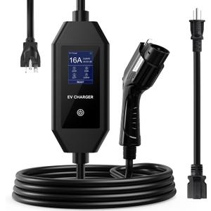 16 Amp Level 1/2 EV Charger, 110V-240V, with NEMA 6-20 Plug/5-15 Adapter | with 25ft Cable, Portable EV Charger, J1772 Charger Compatible with All EVs