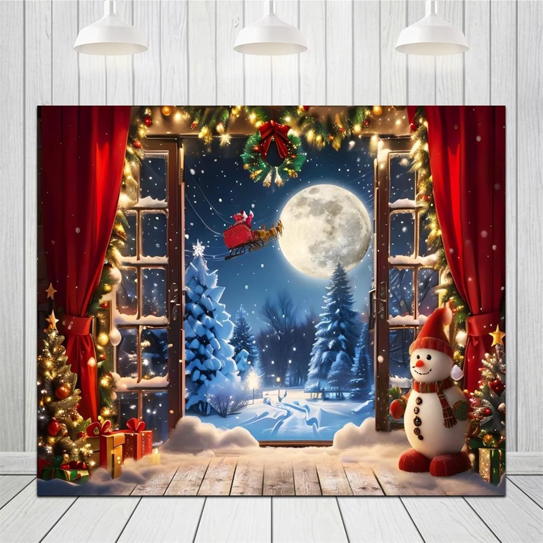 10x8ft Christmas Window Backdrop Winter Dream Wonderland Full Moon Night Background Red Curtain Snow Man Party Decorations Portrait Cake Table Banner Photo Studio Props (Multi)
