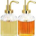 TIWPAJS Glass Coffee Syrup Dispenser 10oz, Syrup Bottles with Ribbed Design, Gold Syrup Pump, Coffee Bar Accessories, Honey Dispenser (2)