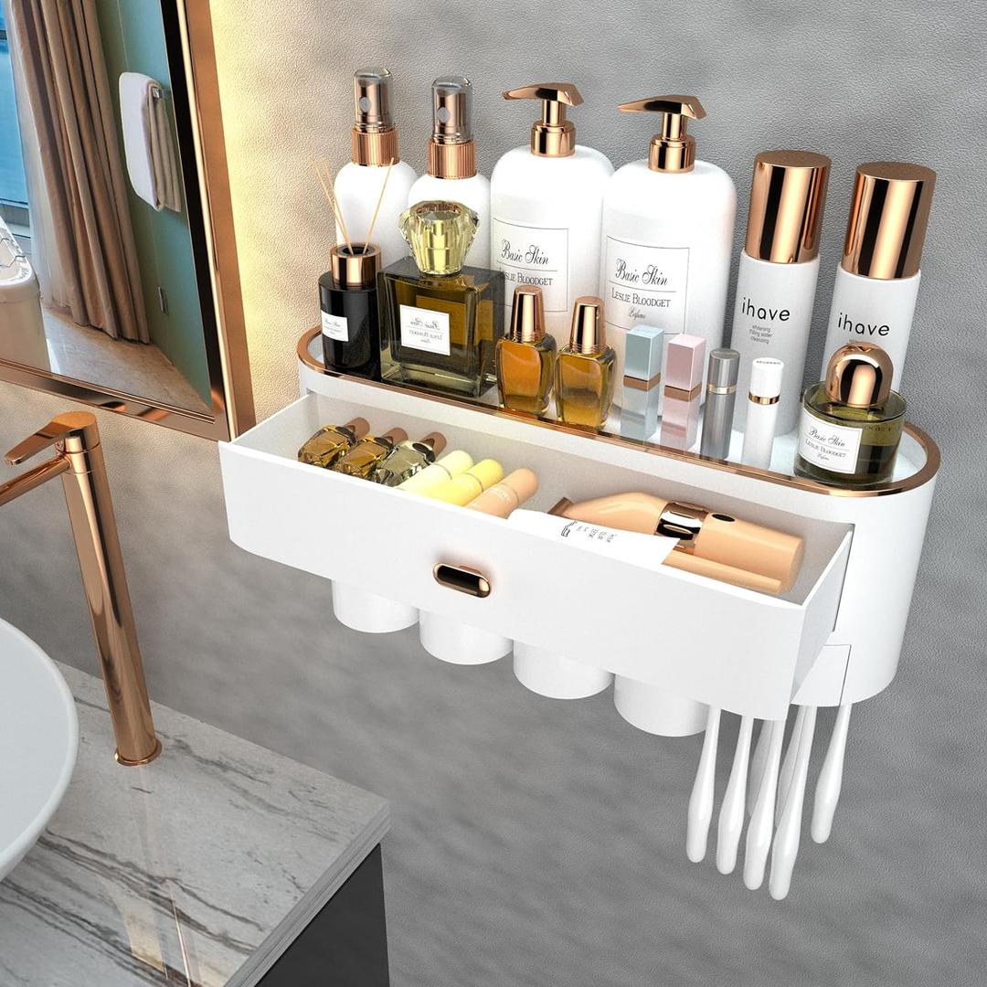 iHave Toothbrush Holders for Bathrooms - Upgrade Wall Mounted Toothbrush Holder with Toothpaste Dispenser - 4 Cups (Gold White)