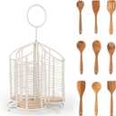 Rotating Utensil Holder with 3 Compartments & Cork Bottom  Premium Matte White Metal + 9-Piece Acacia Wood Kitchen Utensil Set  Countertop Organizer for Cooking Tools, Housewarming & Holiday Gifts