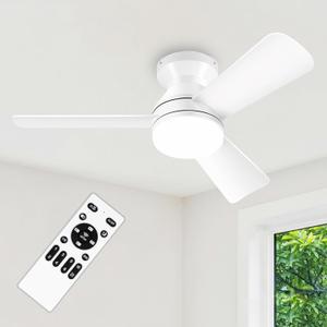 35" White Ceiling Fans with Lights and Remote, Low Profile Ceiling Fan with Light, Reversible DC Motors, 3CCT Dimmable Timer Noiseless, Flush Mount Ceiling Fan for Bedroom/Living Room