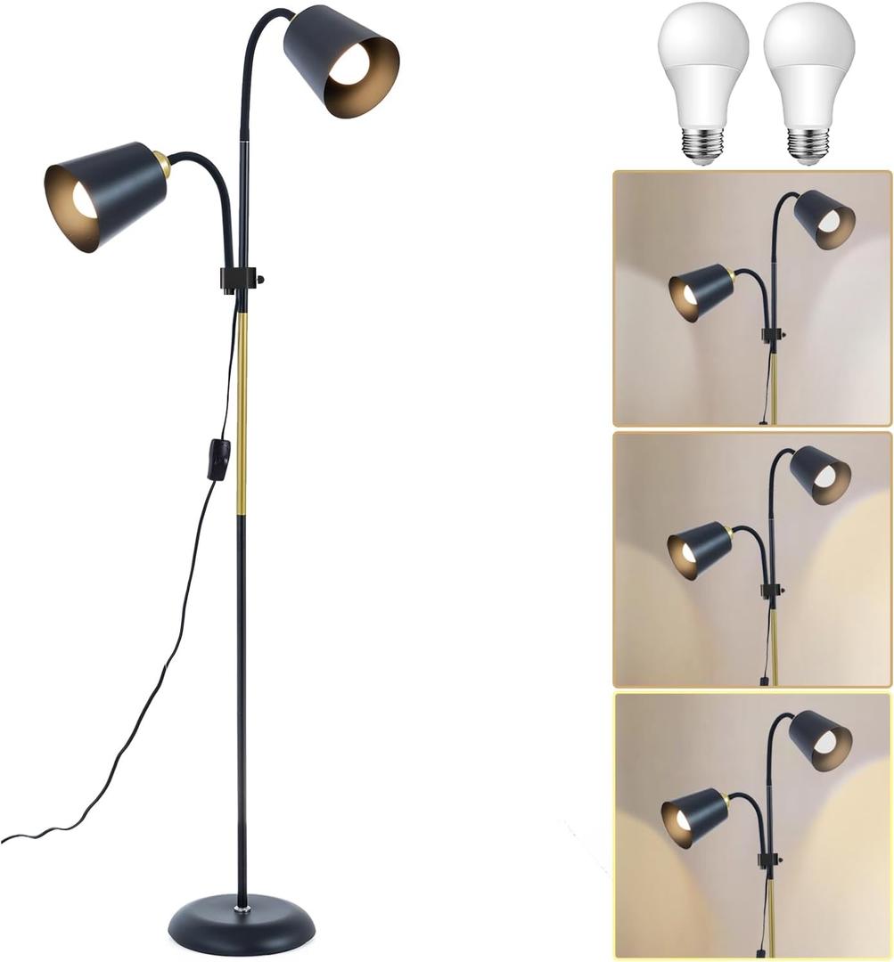 Floor Reading Lamp, Industrial Metal Floor Lamps for Living Room with Adjustable Bendable, 2 in 1 Reading Table Lamps for Living Room Bedroom Office, 12W Bulb Included (Black-2 Heads)