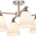 Brushed Nickel Semi Flush Mount Ceiling Light, 4 Light Transtional Kitchen Lighting Fixtures with Milk Glass Shade, Hallway Light Fixtures Ceiling Mount for Dining Room, Living Room, Bedroom, Foyer