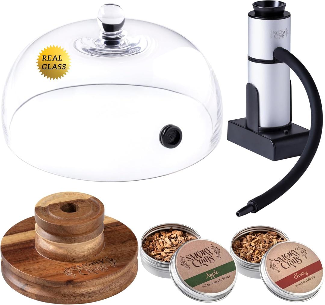 Food and Drink Smoker Kit with Smoke Gun, 8" Smoking Cloche Glass Dome, Acacia Cocktail Smoke Top and Wood Chips (Apple & Cherry) - Whiskey Smoker Kit - Gifts for Men (Torch Not Required)