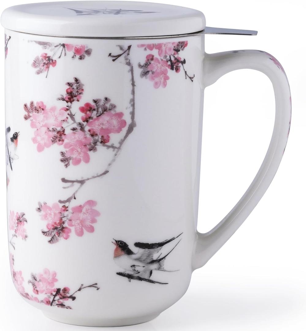 AmorArc Porcelain Tea Mug with Infuser and Lids, 18 Oz Coffee Cup Strainer with Bag Holder for Loose Leaf Tea, Steeping Coffee Mug for House-warming Wedding Birthday Gift (Peach Blossom)
