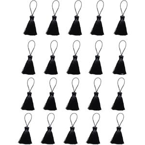 20pcs 3.7 Inch Mini Tiny Craft Tassels Soft Elegant Handmade Silky Floss Tassels with Cord Loop for Keychain Earring, Jewelry Making, Graduation, Bookmarks, Gift Tag DIY Craft Projects (Black)