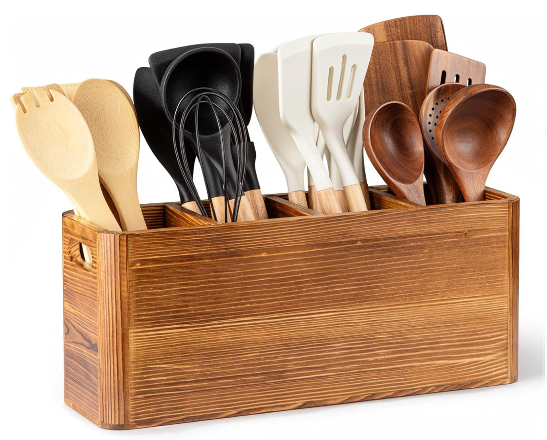 Extra Large Farmhouse Utensil Holder for Kitchen Counter, Large Wooden Utensil Holder with 4 Compartments