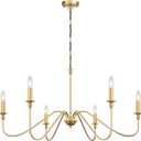 Gold Chandelier 6-Light Modern Brass Farmhouse Chandelier Wrought Iron Classic Candle Ceiling Pendant Light Fixture for Dining Room Living Room Kitchen Island Entry Stairwell, Dia 35"
