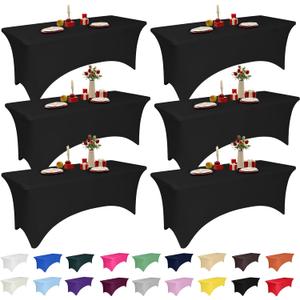 6 Pack 6 Feet Black Spandex Tablecloth for Rectangular Tables, Fitted & Stretch, Washable, Wrinkle Resistant, Perfect for Event, Wedding, Party, Banquet, Cocktail, Festival, and Table Protector 
