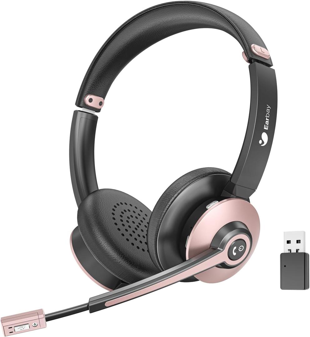 Wireless Headset with Mic for Work, Bluetooth Headphones with Microphone Noise Canceling & USB Dongle, Handsfree 26+ Hours Battery & Mute Button, for Office/Call Center/Laptop/MS Teams/Conference