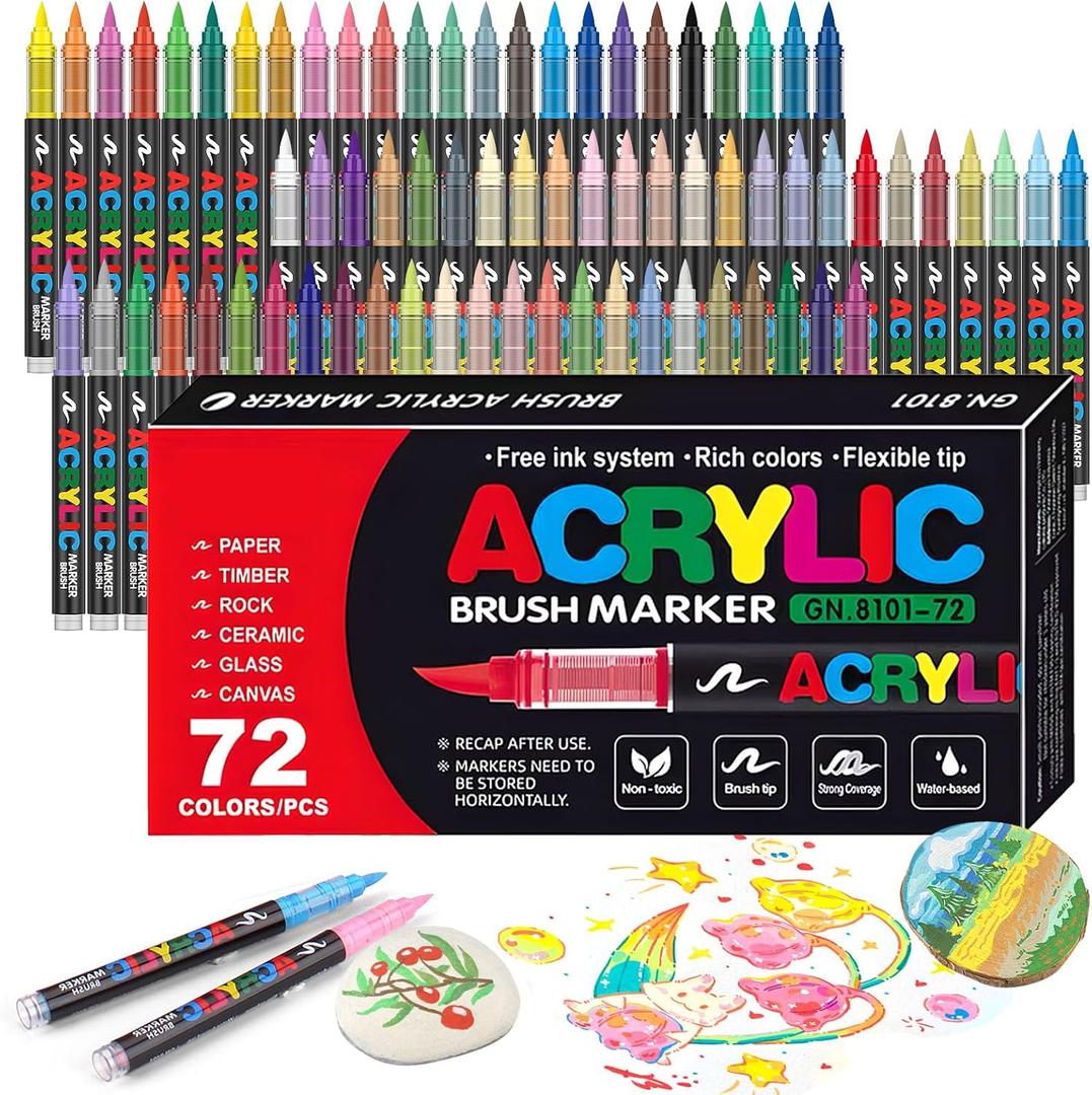 72 Colors Soft Brush Tip Acrylic Markers Set, Paint Pens for Rock, Wood, Fabric, Canvas, Glass, DIY Crafts, Waterproof Paint Markers, Vibrant Acrylic Pens for Artists and Art Projects