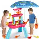 Kids Sand Water Table for Toddlers with Umbrella/Water Pumb, 3-Tier Outdoor Water Sand Play Table Beach Toys, Summer Splash Activity Sensory Table Party Birthday Gift for Kids 3 4 5 6 7 8(Red)