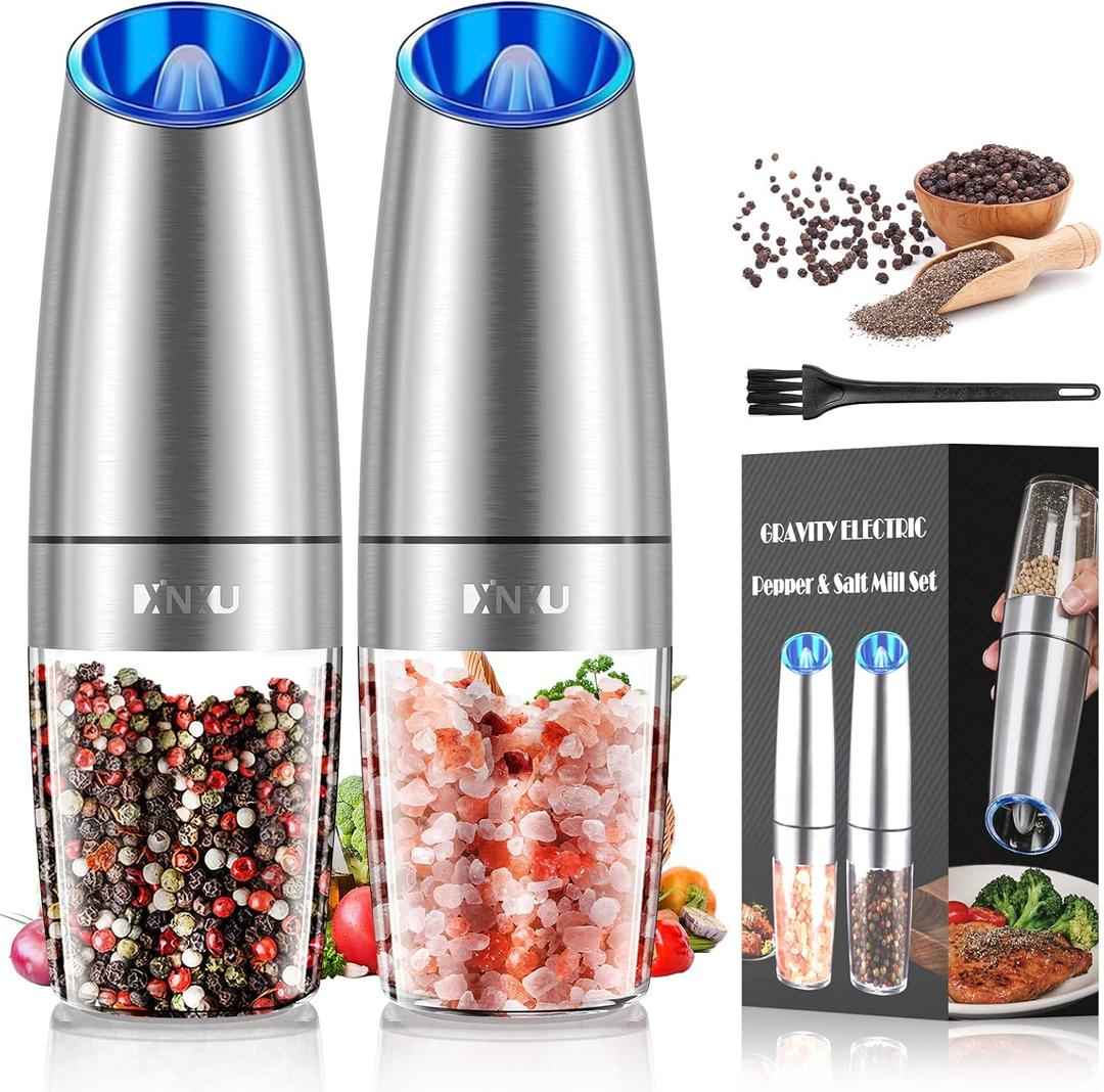 XinXu Gravity Electric Pepper and Salt Grinder Set, Adjustable Coarseness, with LED Light, One Hand Automatic Operation (Set/Silver X) (2.5*2.5*7.9inch)