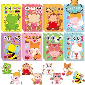 32 Sheets Valentines Day Make a Face Stickers, Make Your Own Valentine Stickers for Kids,8 Designs of Animal Little Angel Sticker for Boys Girls Valentine's Day Activities Party Favors Supplies