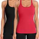 ATTRACO 2 Pack Ribbed Workout Tank Top with Built in Bra for Women Tight Fit Seamless Yoga Top (Large, Black/Red)