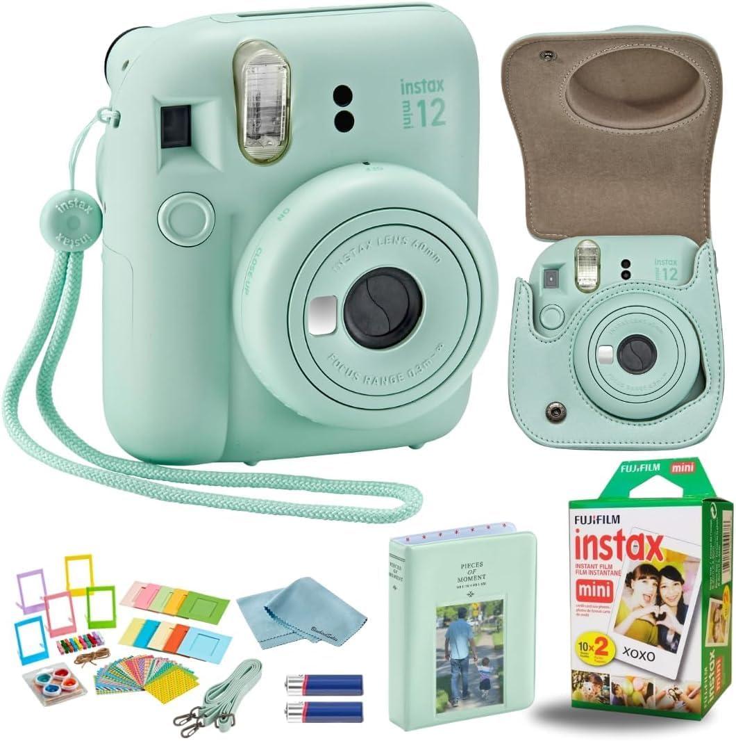 Fujifilm Instant Mini 12 Camera + Accessory Bundle & Custom Case + Fuji Instant (20 Shots) Designer Mini Photo Album (60 Pockets) (Mint Green)