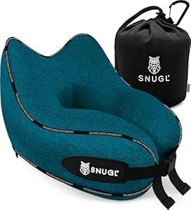SNUGL Travel Pillow Memory Foam Pillows - Neck Pillow for Airplane with Carry Bag & Clip Neck Support Pillows for Pain Relief - Airplane Travel Essentials (Adult Small - Teal)