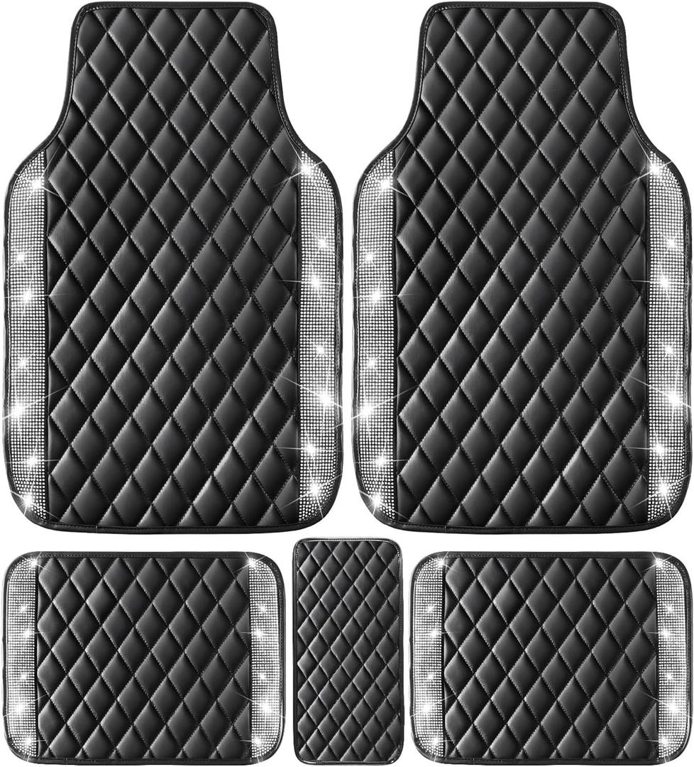 NBTEPEM Bling Leather Car Floor Mats Full Set, Sparkly Diamond Car Mats Universal Fit Most Automotive, Glitter Rhinestone Carpet Waterproof Anti-Slip, 5 pcs Set (Black Leather Silver Diamond)