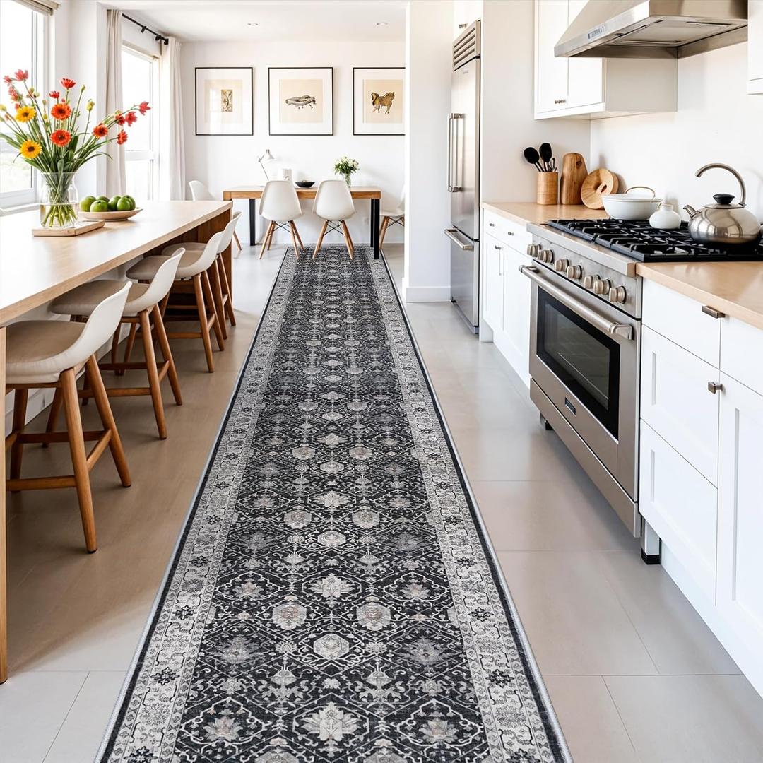 Hallway Washable Runner Rug - 3x16' Kitchen Rugs Entryway Rug Runner Vintage Soft Floor Mat Non Slip Indoor Farmhouse Carpet for Bathroom Living Room Bedroom (3' X 16', Black)