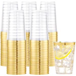 I00000 100PCS Gold Plastic Cups,10 oz Clear Plastic Cups with Gold Trim, Beer Mugs Disposable Hard Cup For Party, Premium Cup Perfect for Wedding & Party