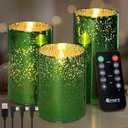 Rechargeable Flameless Candle, Flickering LED Pillar Glass Fake Candle with Remote and Timer, Built-in Battery Real Wax Electronic Candle for Room Decoration, Set of 3 (Green Snowflake Speckle)