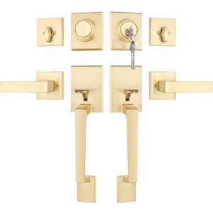Goldenwarm Double Front Door Lock Set, Gold Double Door Handle Set, Gold Double Door Handle with Dummy, Modern Double Front Door Hardware Set with Reversible Handle Lever