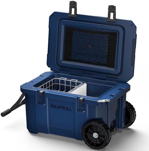 55 Quart Cooler with Wheels, Ice Chests Portable Camping Cooler Holds Ice up to 6 Days, Leak-Proof Outdoor Insulated Cooler with Handle, Cup Holders, Hard Cooler for Camping, Beach, Boat, Navy Blue, 17.32"D x 16.14"W x 26.77"H