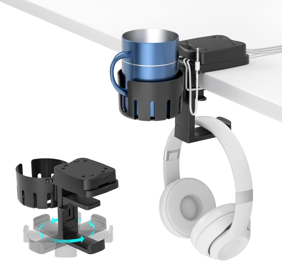 KDD 3 in 1 Headphone Hanger with Cup Holder - Rotatable Headset Hook & Desk Cord Organizer - Suitable for Coffee Mups, Water Cups, Headphone, Charging Cables, Home & Office