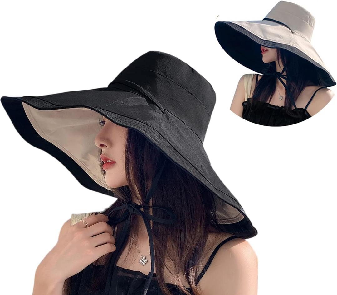 Packable Large Brim Sun Hat for Women - 6.7" Wide-Brim UV-Protection Women's-Sun-Beach-Hats with Strap (Medium, Black)