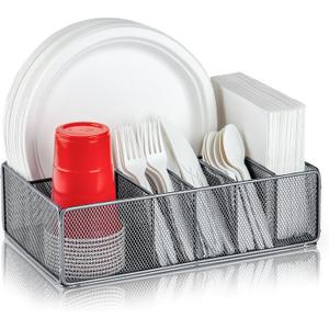 Paper Plate Organizer for Countertop, Metal Silverware Caddy for Cup, Fork, Spoon, Napkin, Paper Plate and Utensil Holder, Cutlery Caddy for Party, Camping, Picnic (Silver)