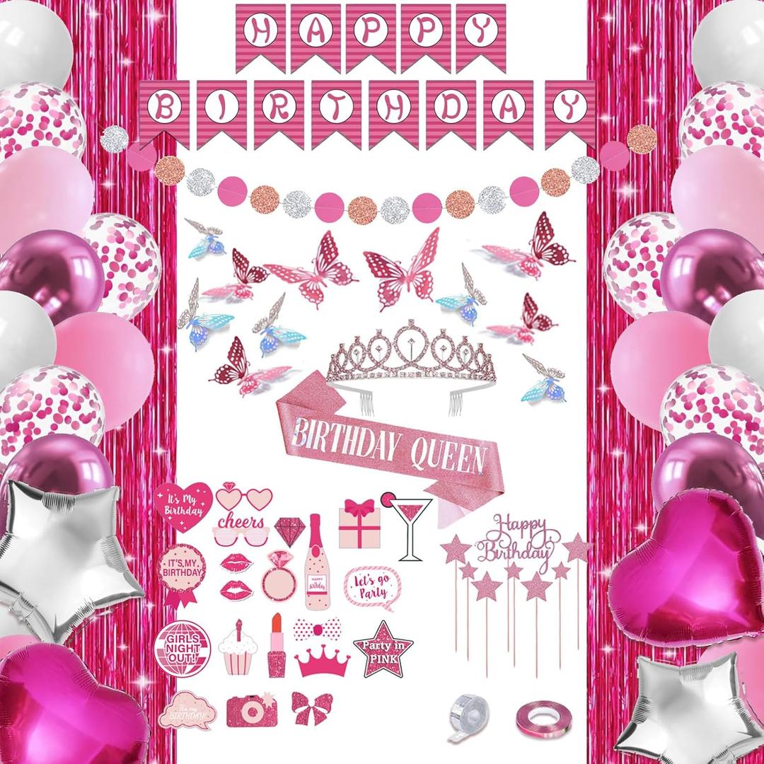 Pink Birthday Decorations, Party Decorations for Girl - Banner, Balloon Party Kit, Tiara, Sash, Fringe Curtain, Circle Dot Garland, Butterfly Decorations, Photo Props