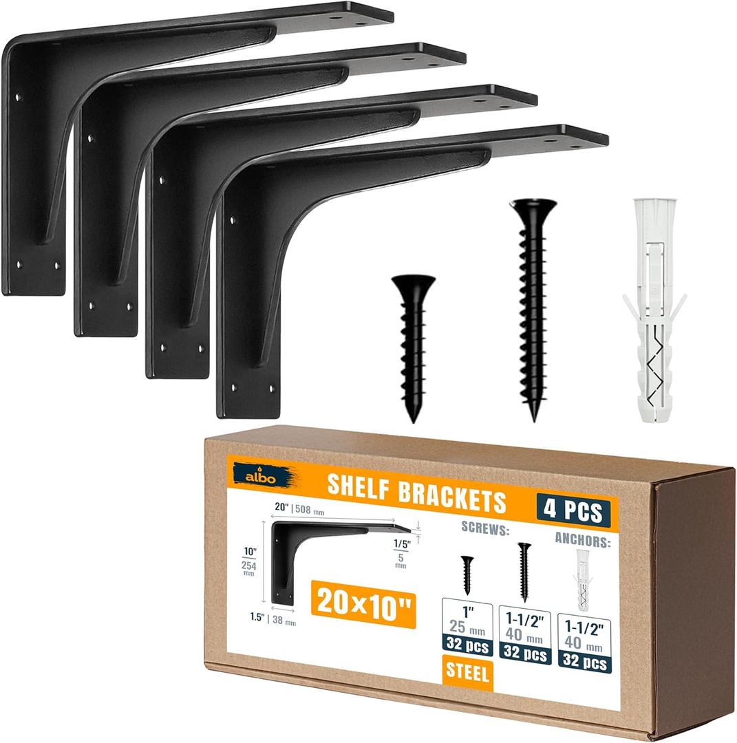 ALBO 20" Heavy Duty Countertop Support Brackets 4PCS, 400 lb 5 mm Steel – Hidden Floating Shelf Corbel | Matte Black Powder-Coated L Brackets Incl Screws & Anchors for Quartz Granite Wood Concrete